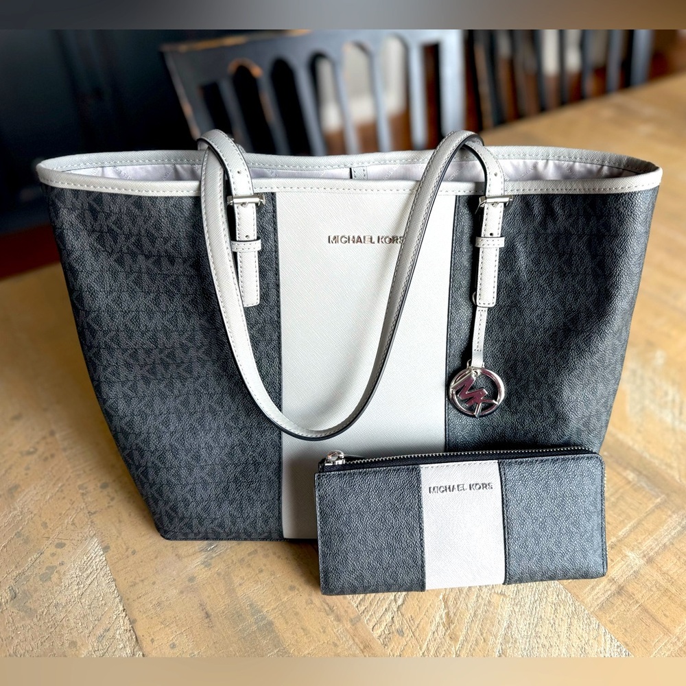 Michael Kors black/gray tote with wallet